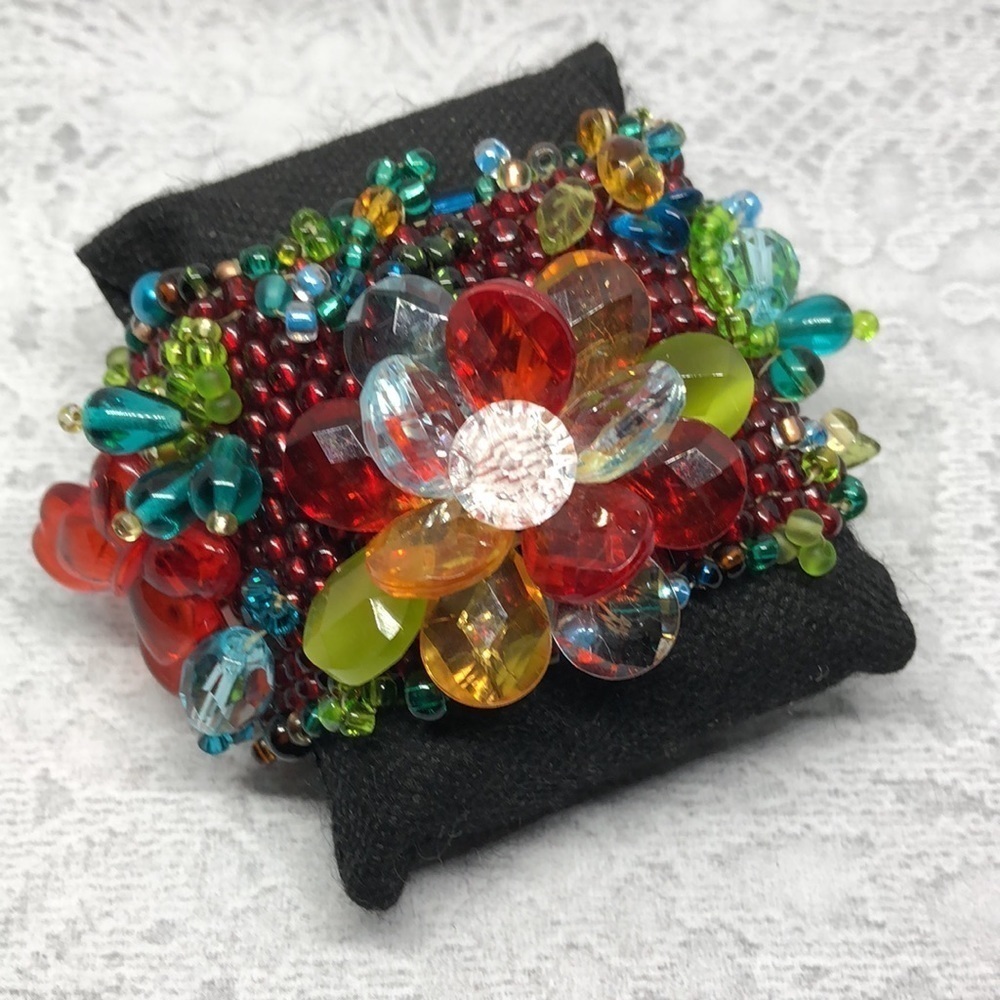 ARTISAN handmade flower glass cluster bead statement bracelet boho fairy fantasy